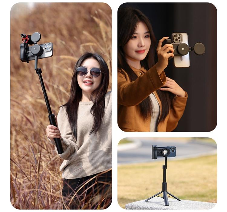 ULANZI Selfie Phone Tripod Mount MA35, 2-in-1 Magnetic & Phone Clip Camera Grip Handle Holder with Detachable Remote Shutter with Cold Shoe Adapter for Smartphone Video Shooting