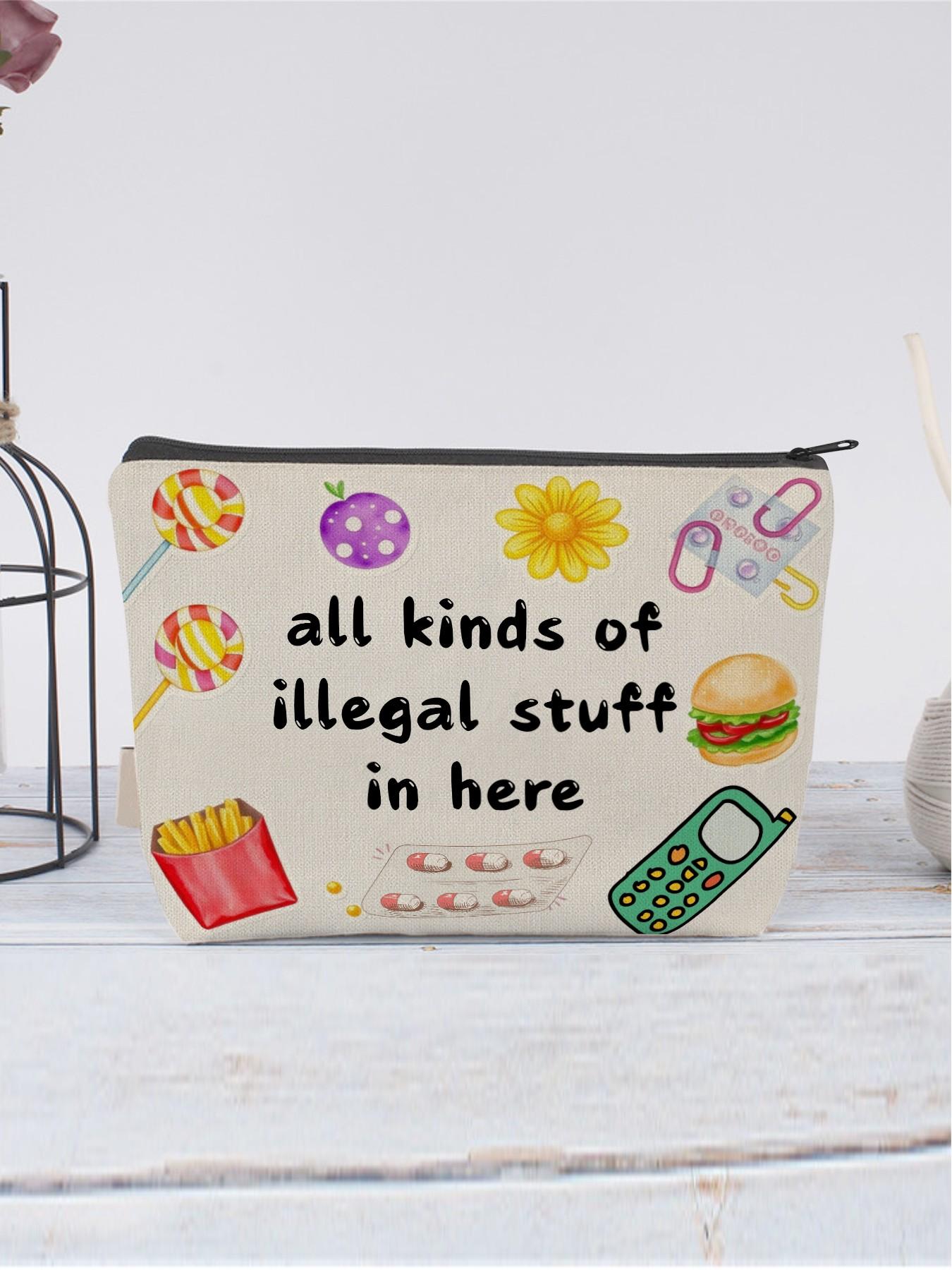 Edgy Humor Makeup Bag, Canvas Pouch with Various Items Quote, Candy, Burger, Pills, Phone, Vintage Icons, Perfect for Cosmetics