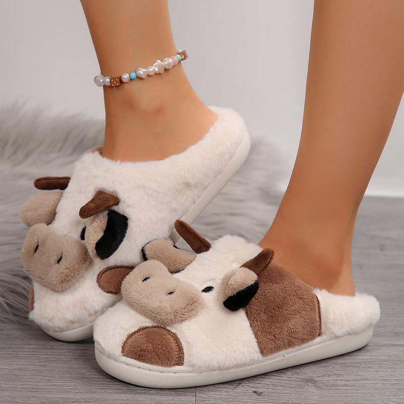 Women Cartoon Cow Cotton Slippers Cute and Comfortable Plush Animal Slippers Winter Indoor and Outdoor Slippers Shoes Footwear Khaki