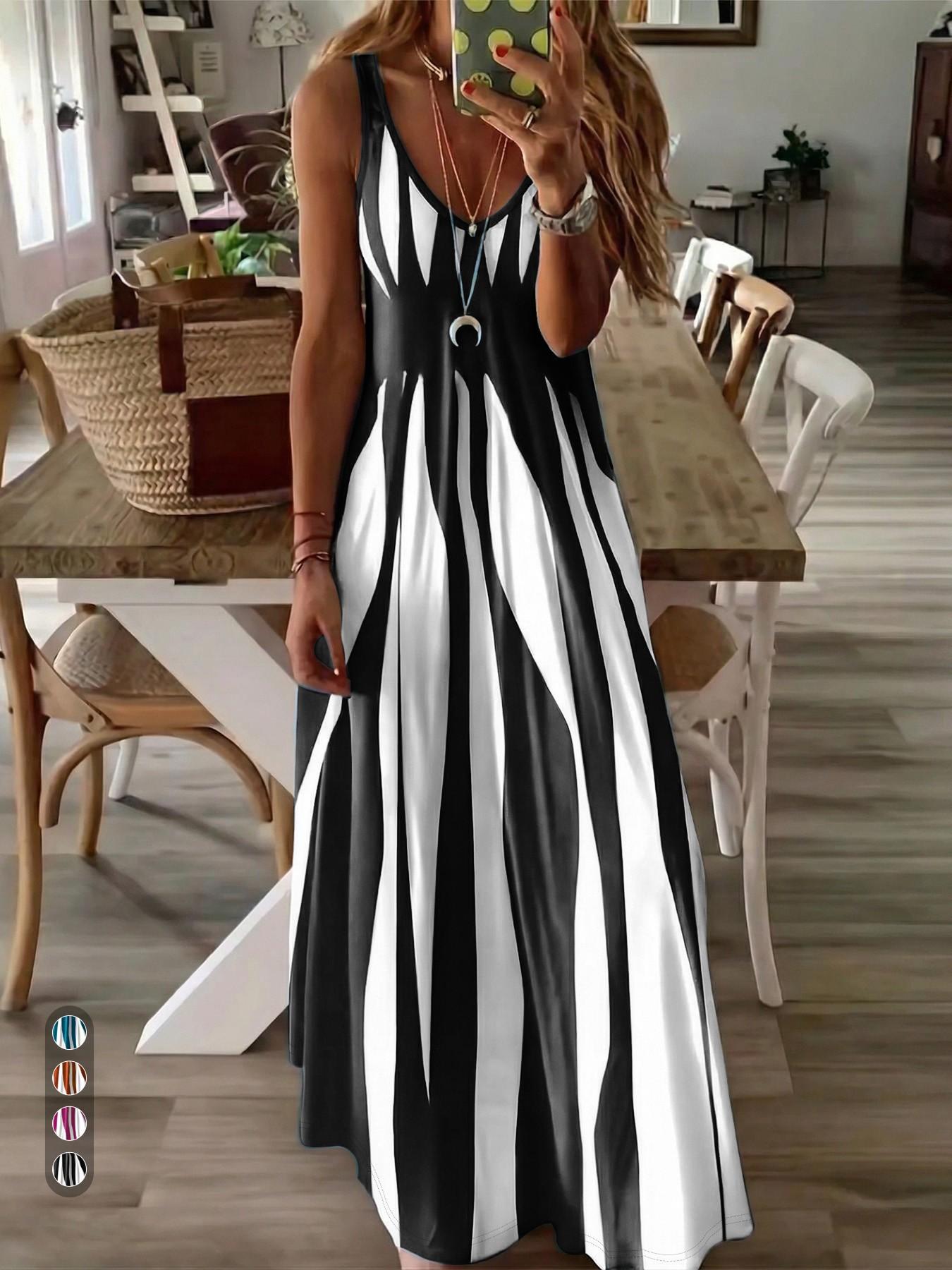 Women's Casual Boho Chic Slip Dress, Boho Style Dresses, Summer Dress, Color Block Print, V-Neck Sleeveless Long Dress, Boho Summer Clothes, Stylish and Comfortable for Daily Wear