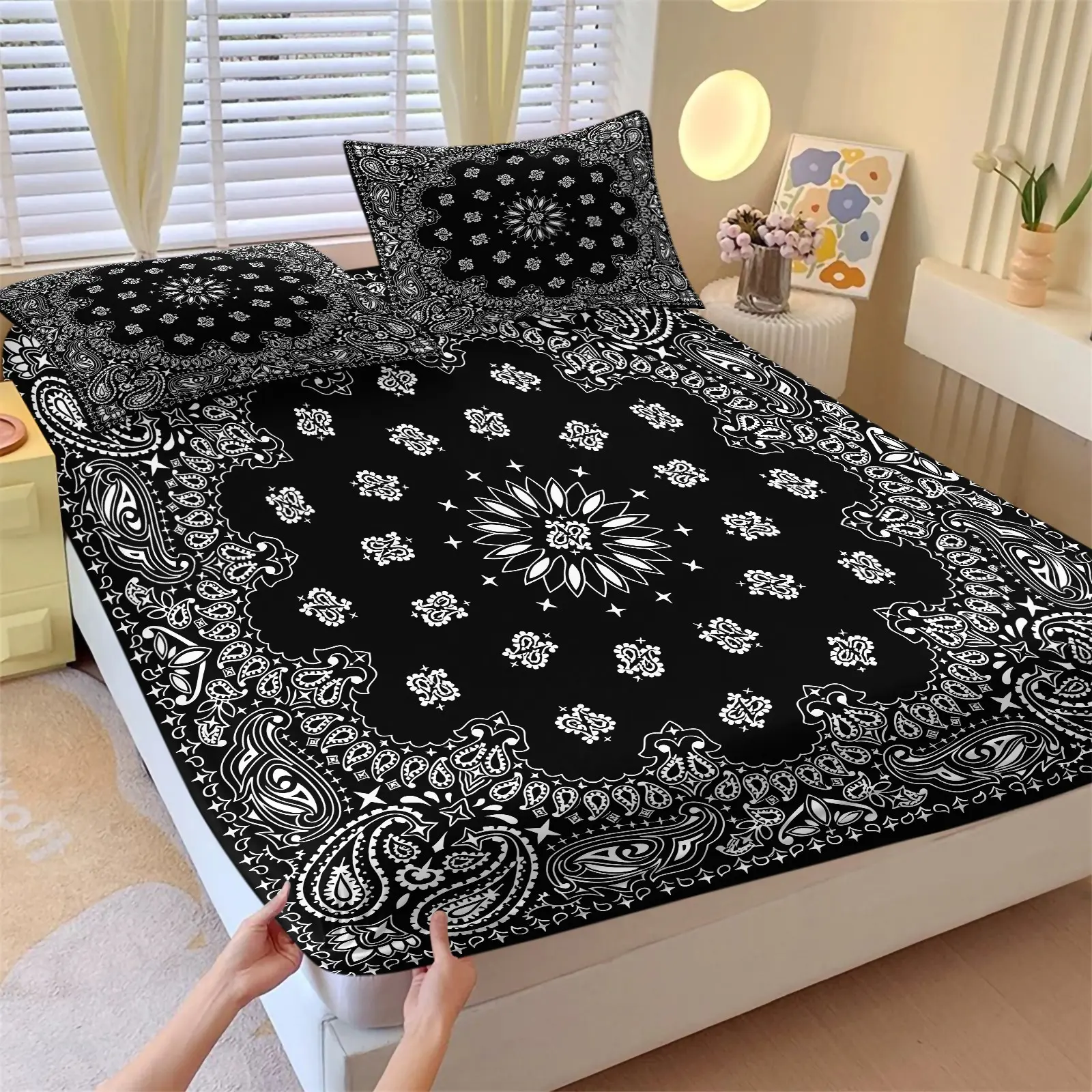 3Pcs Vintage Classic Black And White Paisley Fitted Sheet Set & 2 Coreless Pillowcases, Retro White Paisley Bandana Print, Soft Breathable With Deep Pocket Design, All Season Vintage Border Decor, West Coast Street Style Home Decor Gift