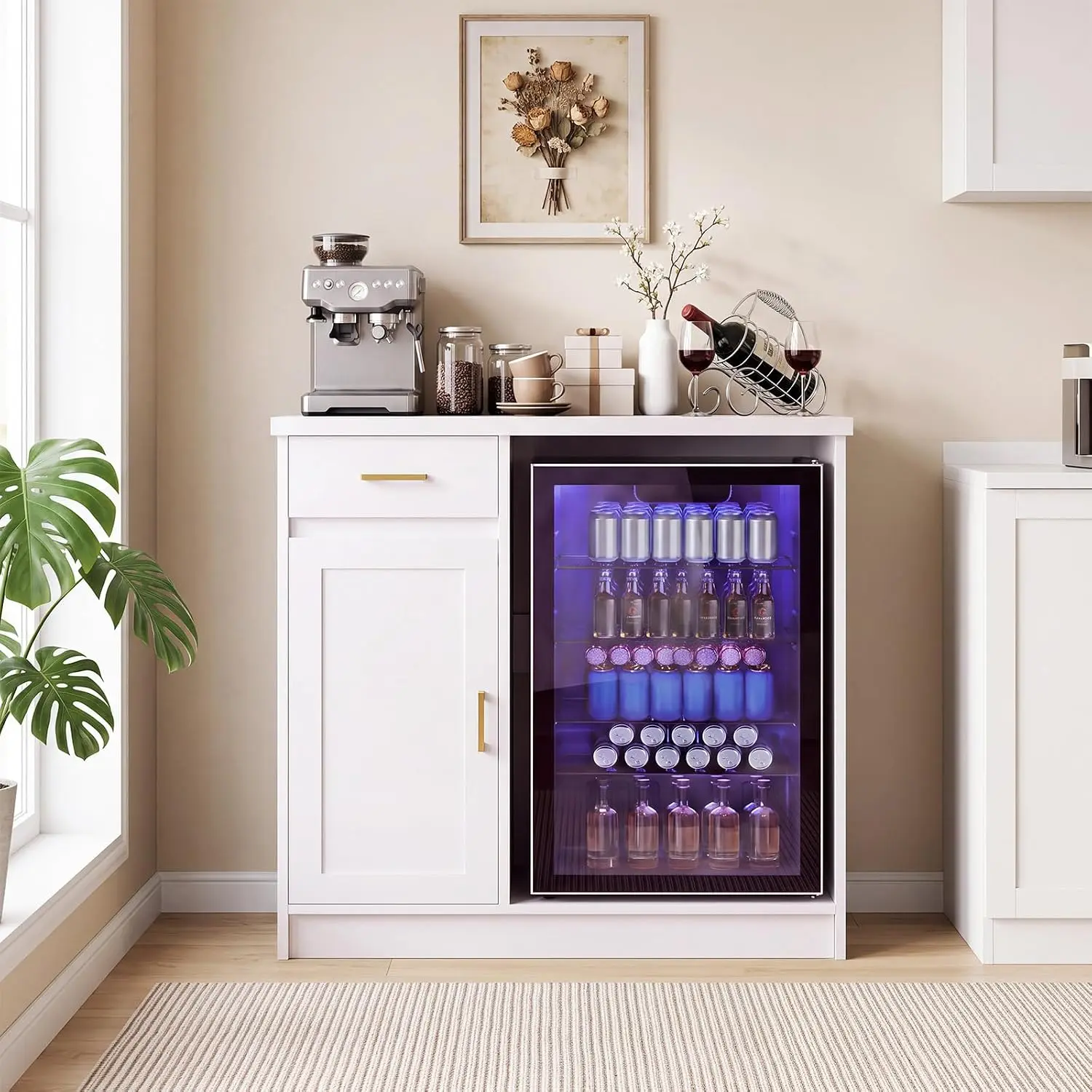 Farmhouse Coffee & Wine Bar Cabinet, 42" Home Bar with Mini Fridge Space (Fits 24" Fridge) - Storage Buffet Cabinet - Built-In Power Strip, 2 Outlets & 2 USB