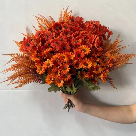 24 Bundles of Artificial Fall Flowers, Ferns & Plants, UV-Resistant Faux Mums, Daisies and Autumn Ferns with Bendable Stems, Fall Flower Arrangement for Indoor & Outdoor Porch, Garden and Front Door Autumn Decor (No Pot Included)