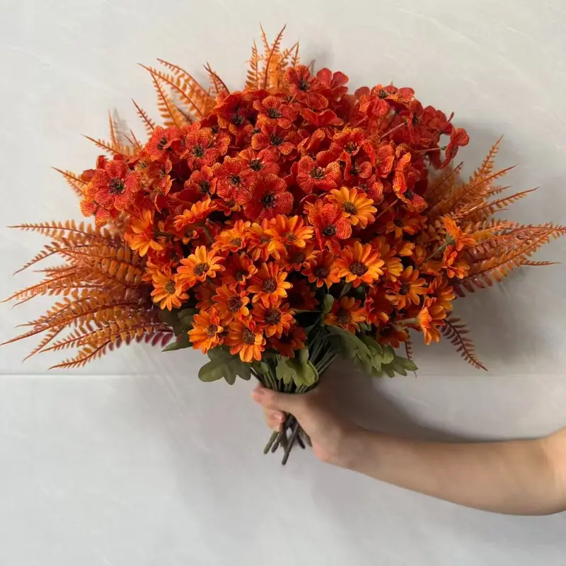 24 Bundles of Artificial Fall Flowers, Ferns & Plants, UV-Resistant Faux Mums, Daisies and Autumn Ferns with Bendable Stems, Fall Flower Arrangement for Indoor & Outdoor Porch, Garden and Front Door Autumn Decor (No Pot Included)