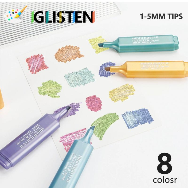 Glitter Highlighters Set 8Pack Subtle Colors with Chisel Tips, Flexible Line Width and Smudge-Proof Water-Based Ink for Sparkling Note-Taking,Cute Markers Pen Highlighter