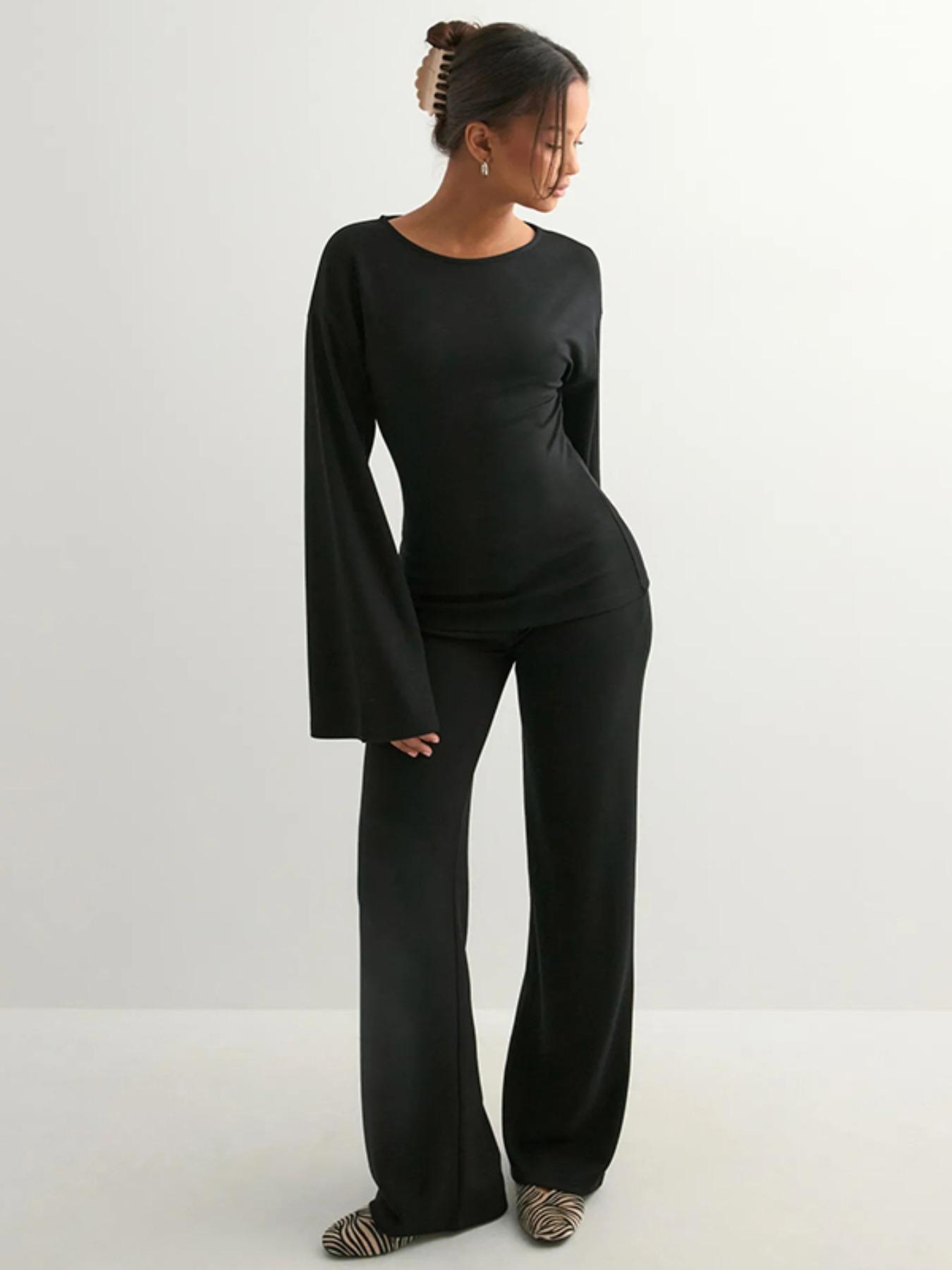 Women's Fashion Solid Color Casual Round Neck Flare Long Sleeve Top & Straight Leg Pants Set, Comfortable Muslim Spring Autumn,Business Casual Outfits