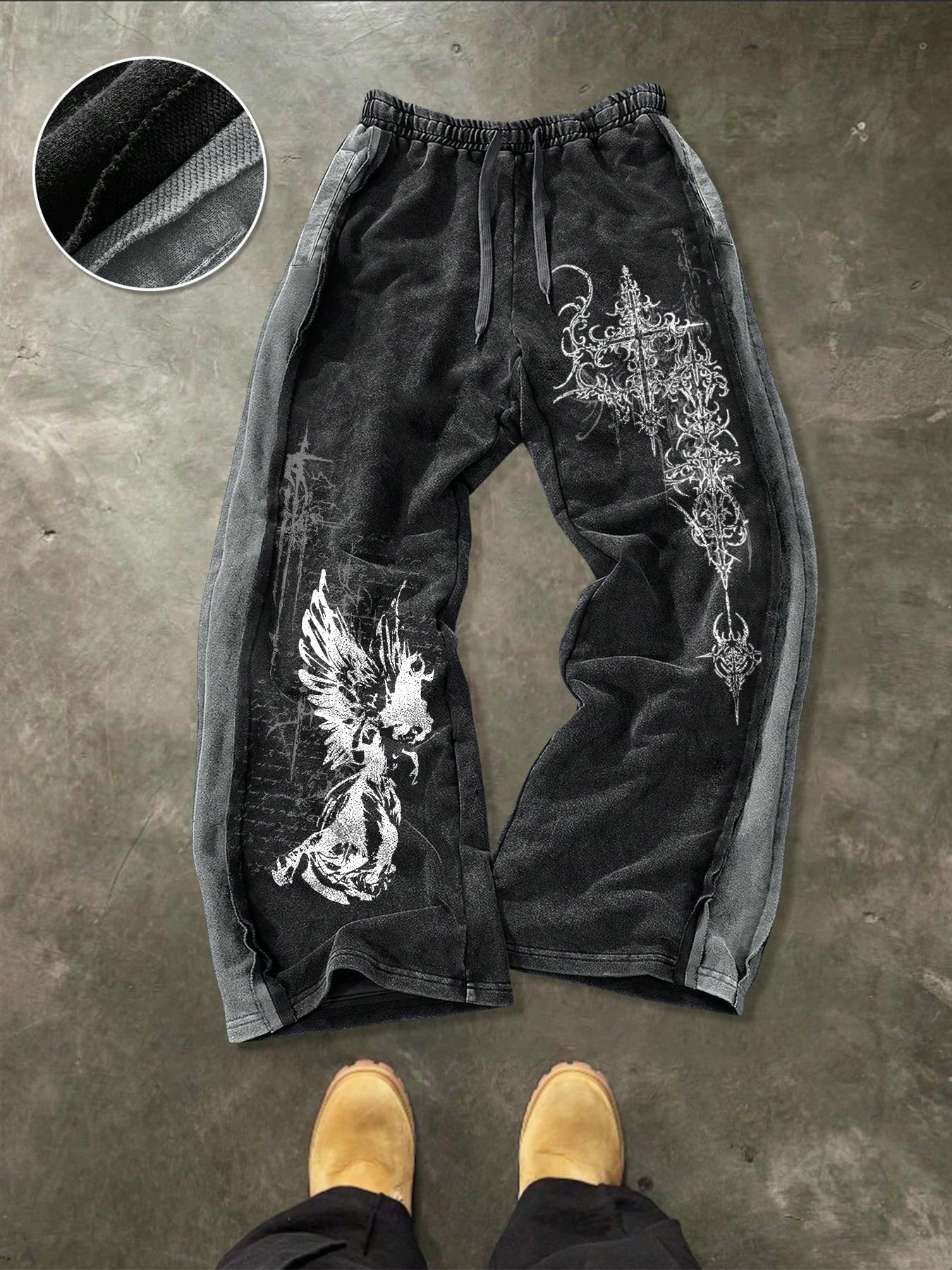 Men's Washed Cotton Sweatpants with Side Hem Stitching Design, Gothic Print Pattern, Comfortable Casual Pants for Daily Wear
