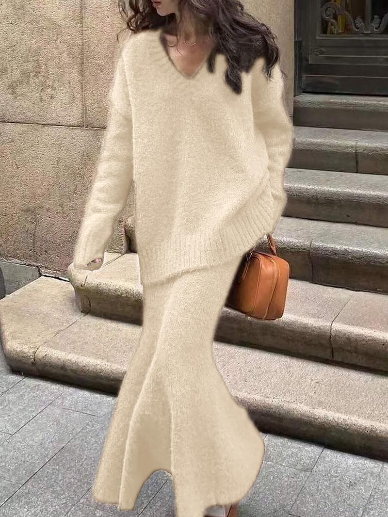 Women's V-Neck Sweater Dress Set, Casual Fashion Two-Piece Knitwear, Autumn Winter New Arrival, Comfortable and Elegant Style
