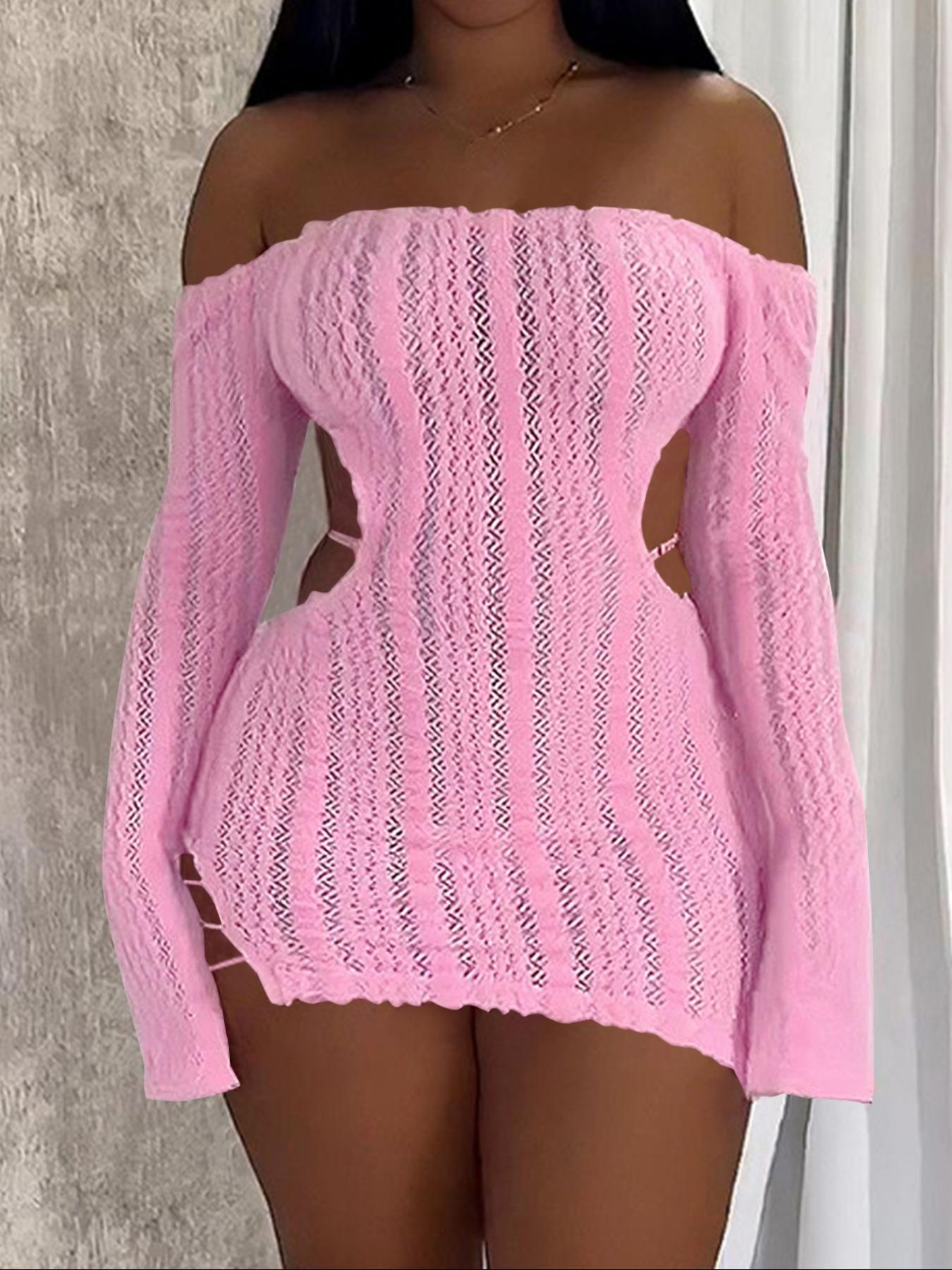 Women White Lace Mini Dress Off Shoulder Long Sleeve Sheer Crochet Knit  Bodycon Cut Out Side