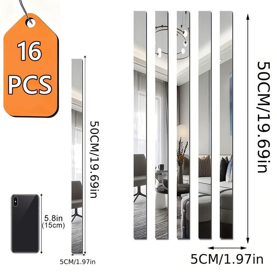 16 piece set, silver long acrylic mirror wall sticker, 5X50Cm self-adhesive waistline decorative strip, easy to install without drilling, suitable for fashionable decoration, living room, bedroom, ceiling frame, TV background wall filling sticker