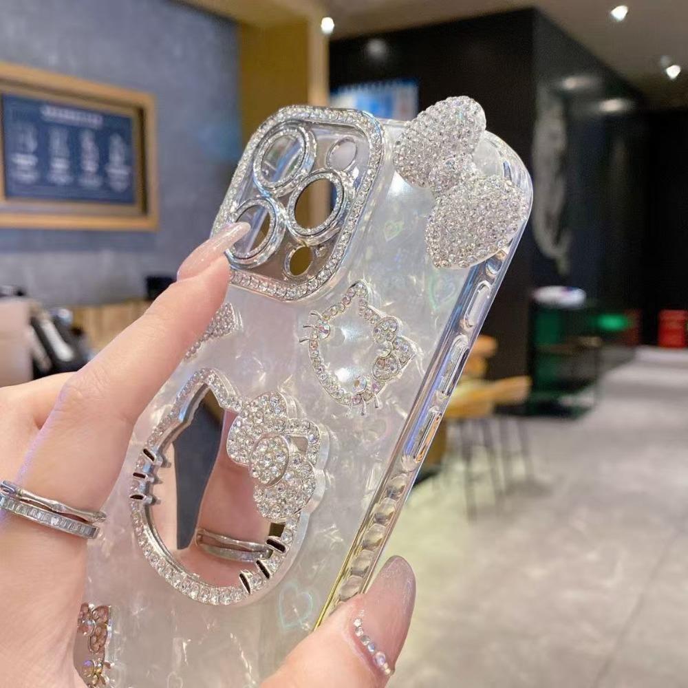 Trendy Cute Shell Pattern Sparkling Cat Mirror Phone Case For iPhone 17 16 15 14 13 12 Pro Max Plus Fashion Protective Cover