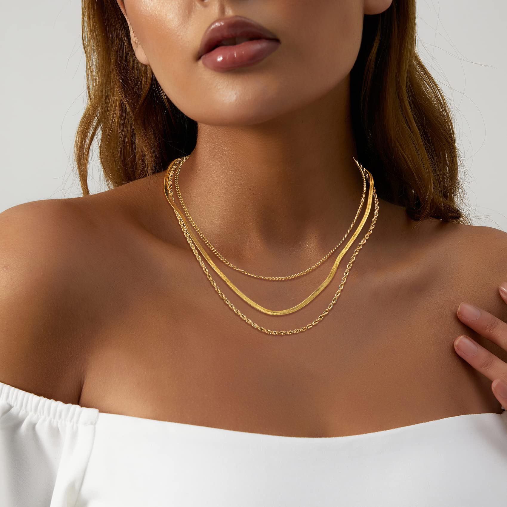 Tewiky&Dearmay Herringbone Necklace for Women,Dainty Snake Gold Chain Choker Necklaces,Simple Gold Layered Necklaces,Gold Jewelry Gift for Women
