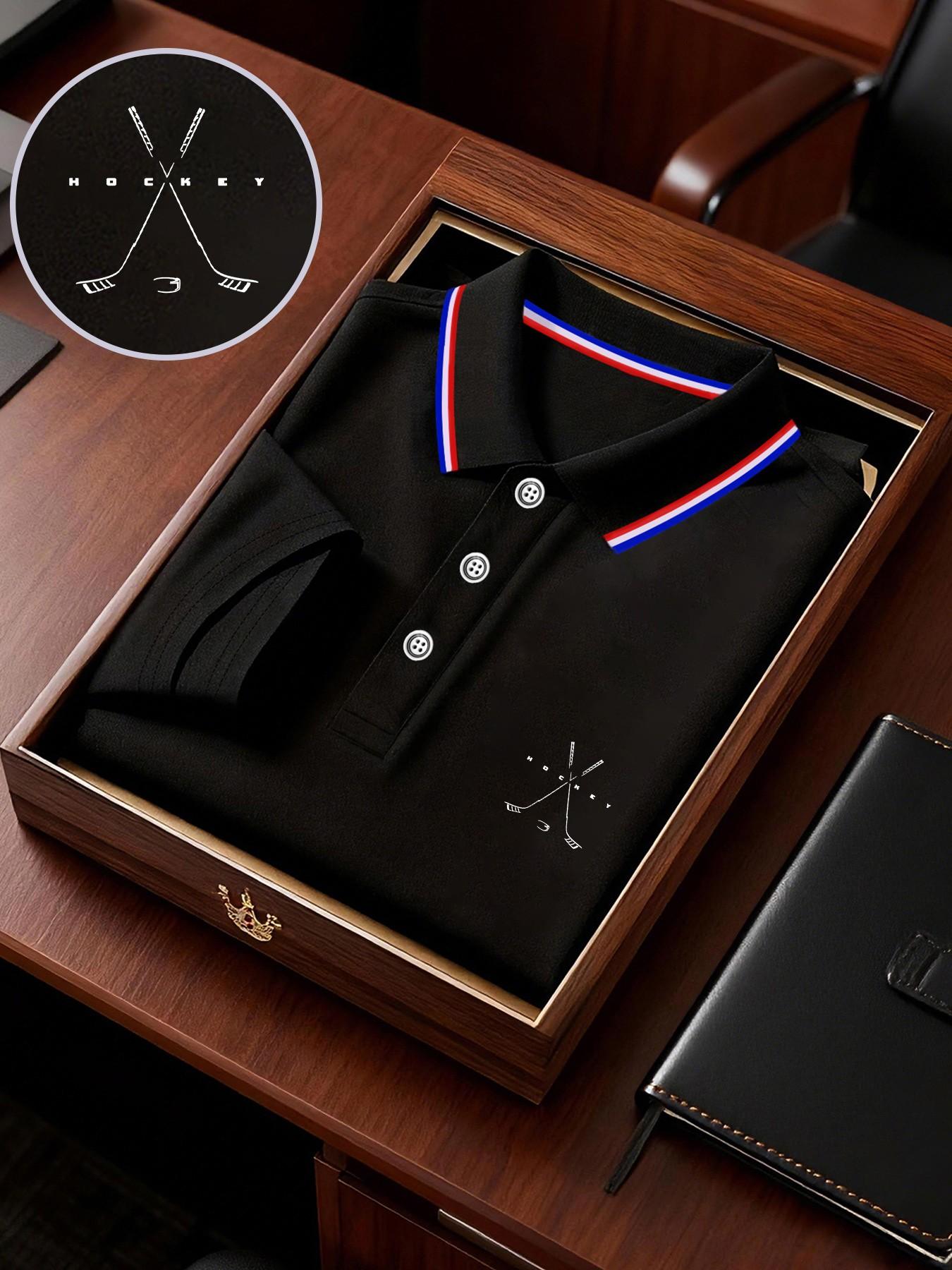 Men's Ice Hockey Print Polo Shirt, Loose-Fit Business T-Shirt, Short Sleeve, Breathable Fabric, Ideal for Outdoor Activities, Gift Option