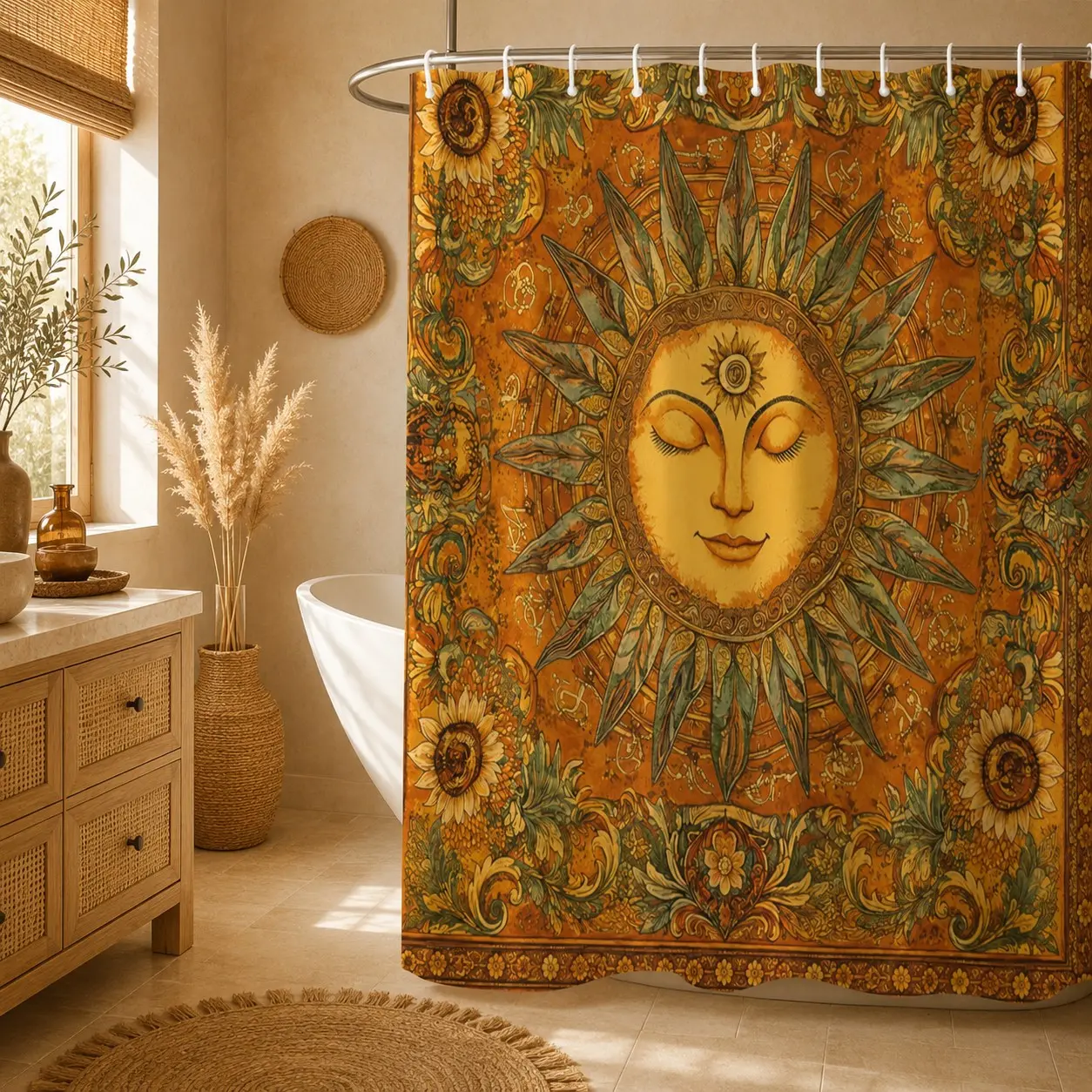 Vintage Sun, Moon and Flower Fabric Shower Curtain, Single-Side Print, Waterproof Polyester Fabric with Free Hooks, Bathroom Soft Decor for Teens & Adults, Perfect Gift for Family and Friends