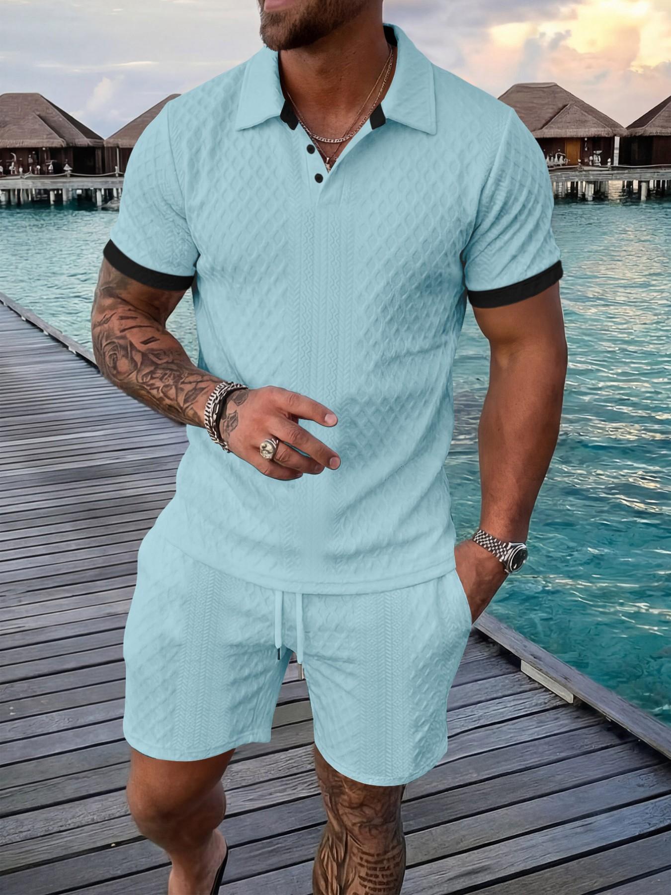 Men's Colorblock Polo Shirt & Drawstring Shorts Set, Textured Knit Short Sleeve, Casual Daily Wear, Summer Tropical Fashion Choice, Menswear, Clothes