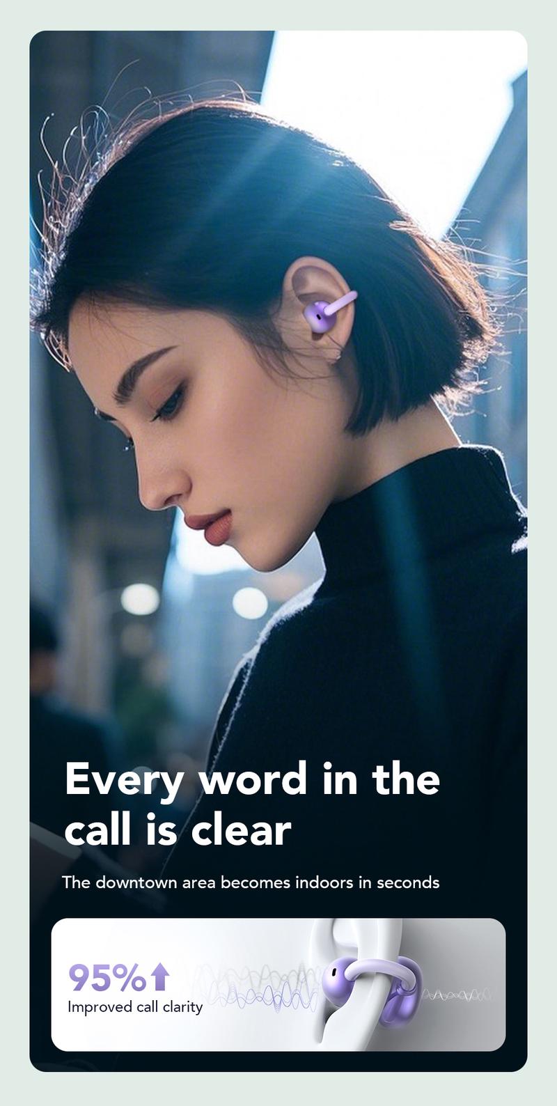 HTC NE54 Clip-On Ear Headphones Bluetooth 6.0 Full Color Touch Screen Wireless Audio Headphones IPX5 Waterproof Sports Headsets Noise Reduction Built-in Microphone for Music & Phone Calls