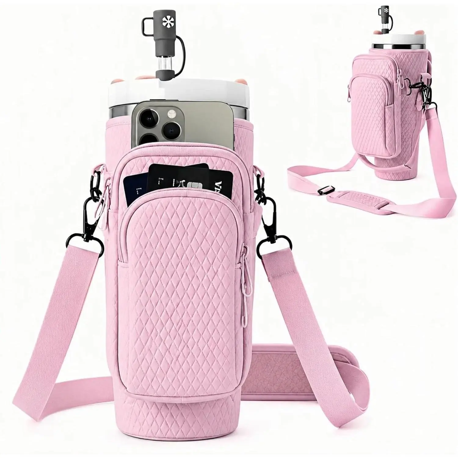Water Bottle Carrier Bag with Phone Pocket for Stanley 40oz Cup Tumbler Crossbody Sling Pouch Adjustable Shoulder Strap Holder Sleeve for Stanley Cup Carry All Gym Hiking Walking Travel