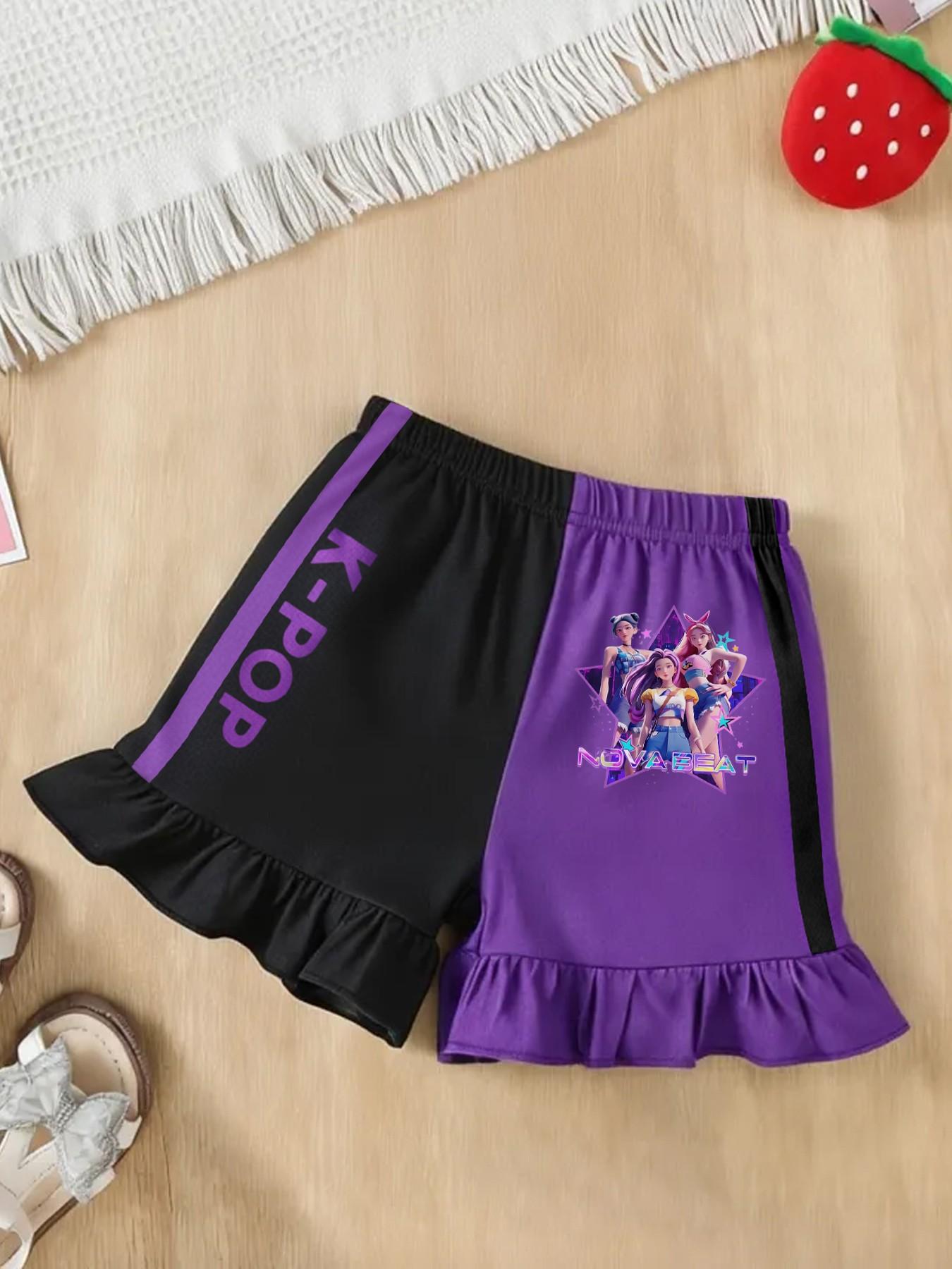 Trendy Nova Beat Themed Kids 2-Piece Set, & K-Pop Tee + Ruffle Shorts, Y2K Style Fashion for Little Girls, Casual Leopard Pattern Suit