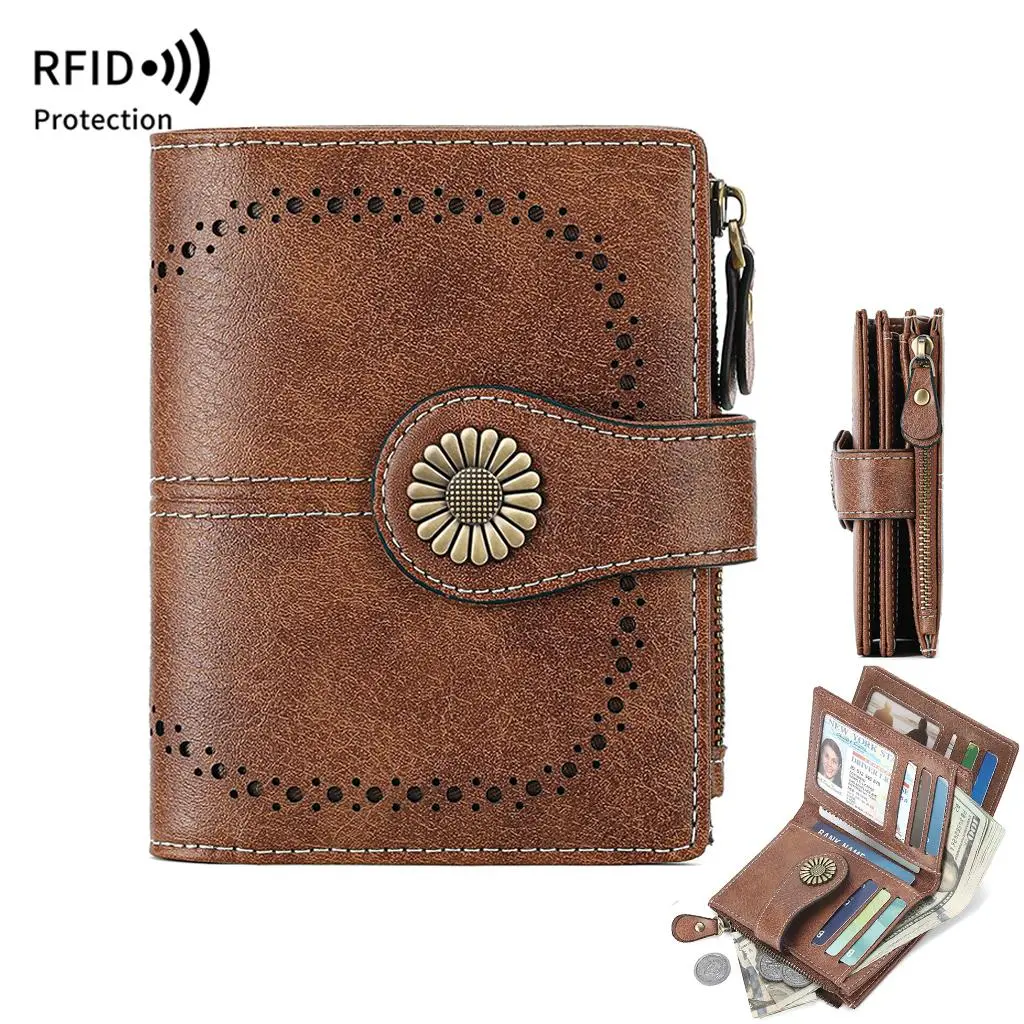 Women's Compact Bifold RFID Blocker Wallet - Plain Vegan Leather Card Holder with Zipper Coin Pocket, Wristlet, Card Slots, Casual Wallets for Women, Basic