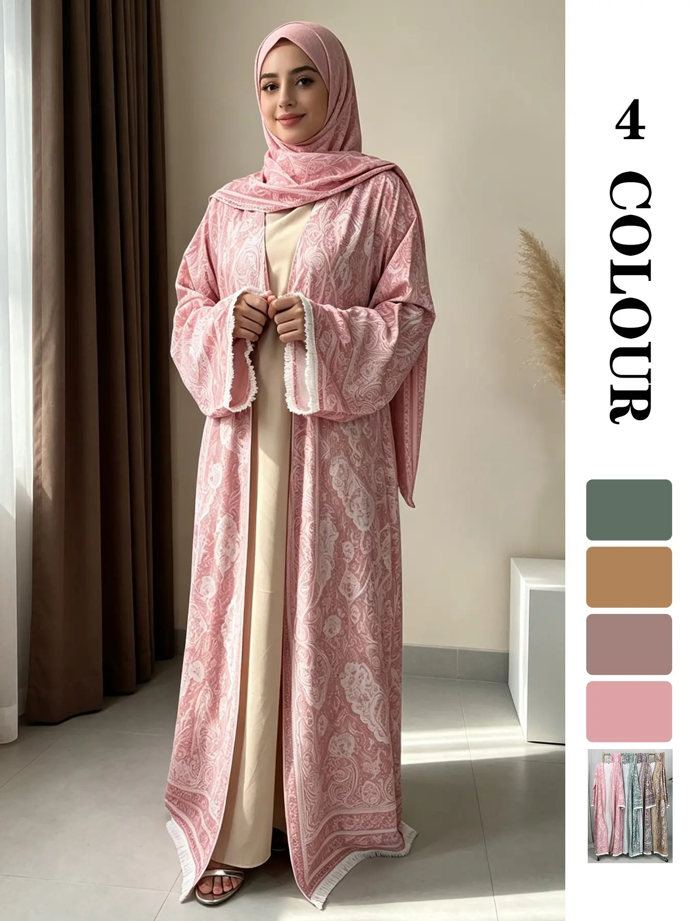 [With Hijab Set] Luxury Pashmina Texture Abaya, Soft Polyester Cashmere Look Fabric, Floral Wide Sleeve Fringe, Elegant and Gentle