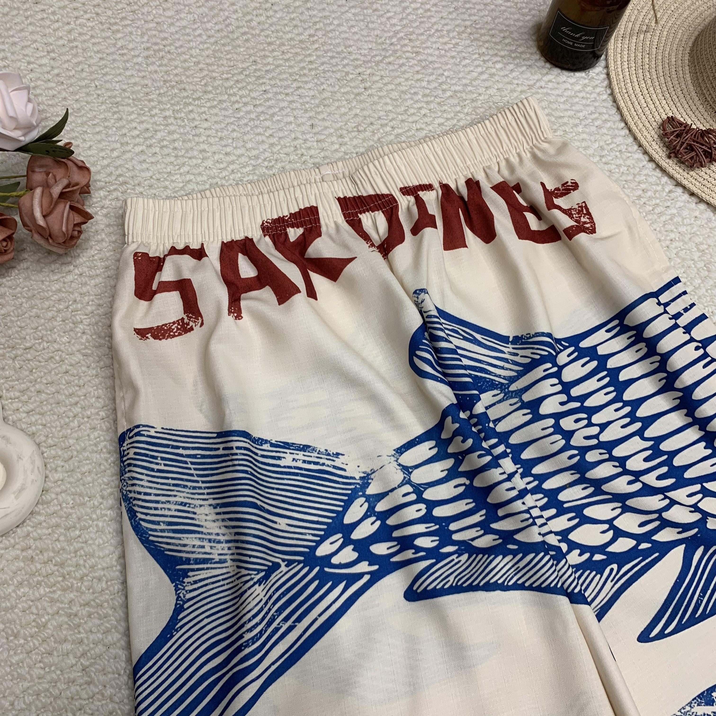 Women's Retro Nautical-Style Sardine Print Wide-Leg Pants with Contrasting Painted Loose and Comfortable, They Exude a Literary and Vacation Vibe, Easily Creating a Casual Summer Look beach vibe pants #Spring Bottom Girls pants Women's Retro Nautical-Style Sardine Print Wide-Leg Pants with Contrasting Painted Loose and Comfortable, They Exude a Literary and Vacation Vibe, Easily Creating a Casual Summer Look beach vibe pants #Spring Bottom Girls pants
