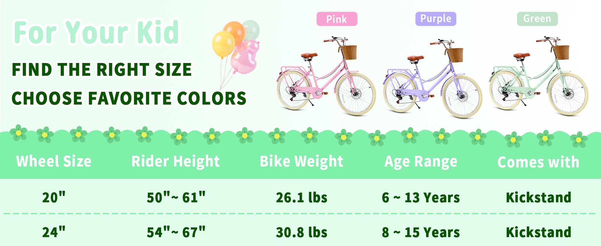 Kids Bike, Retro Cruiser Bike for Girls, 20 24 Inch 7-Speed Kids Bicycles for Ages 6-14 Girls Youth with Rattan Basket, Dual-Disc Brake Carbon Steel Frame Lightweight Bicycle, Multiple Colors