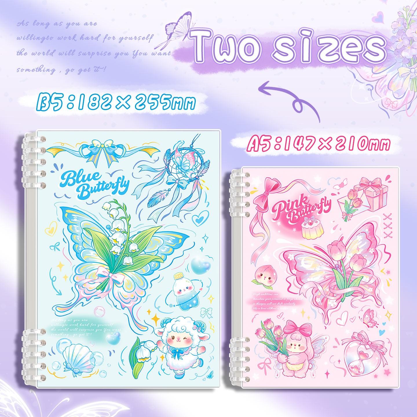 A loose-leaf notebook, Loose leaf notepad, with a beautiful butterfly design, featuring cute pink, blue butterfly covers, thick pages to prevent inkpage, suitable for detailed notes, schoolwork, and personal diaries, Spiral Notebook