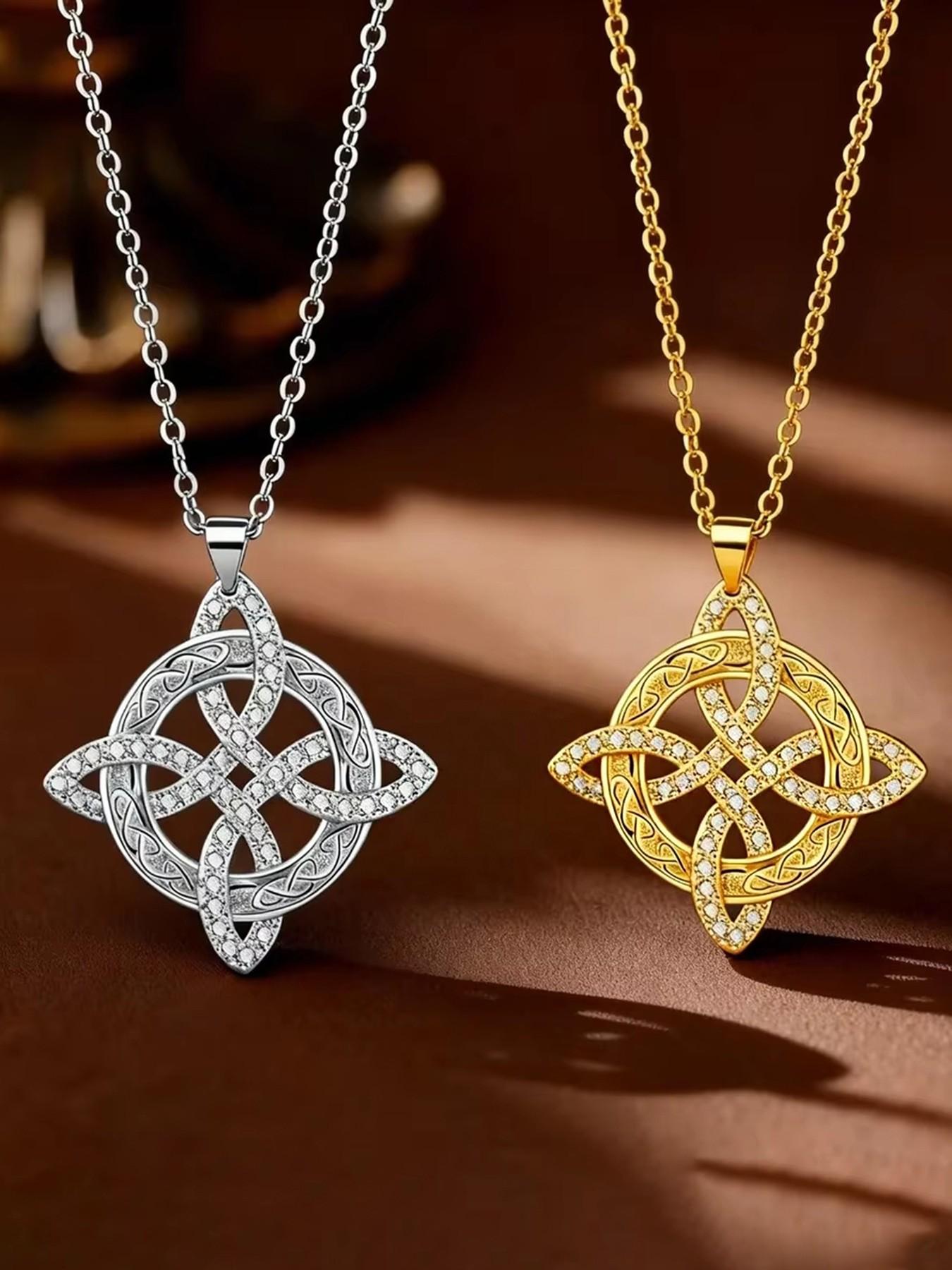 Classic Witch's Knot Necklace — A Luxurious Gold/Silver-Tone White Crystal Necklace for Women, Featuring a Zircon-Inlaid Trinity Knot. A Symbol of Good Luck, This CZ Pendant Serves as a Witchcraft Talisman and Protective Wiccan Jewelry.