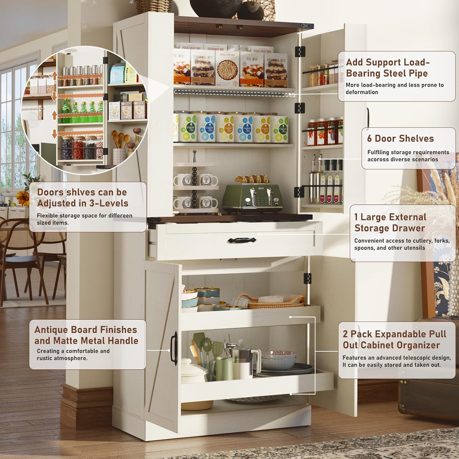 71" Tall Kitchen Pantry Cabinet with 3 Drawers, Farmhouse Storage Cabinet with 6 Barn Door Shelves,with Load-Bearing Steel Pipe and Adjustable Shelves,Pantry Organizer for Kitchen,Living Room(White/Brown)