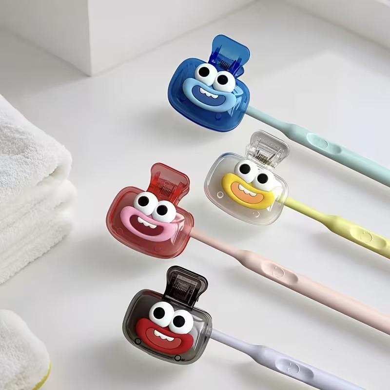 4pcs Cute Smiley Face Toothbrush Protective Covers, Random Color Dopamine Matching, Home Travel Essential, Durable Washable Material, Toothbrush Protector