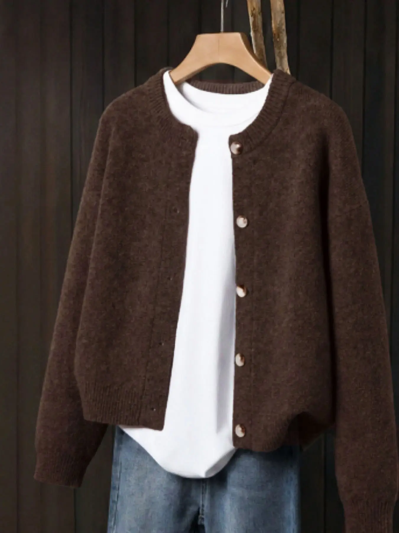 Plus Size Casual Crew Neck Button Down Knit Cardigan, Oversized Long Sleeve Loose Sweater Coat, Women's Winter Daily Street