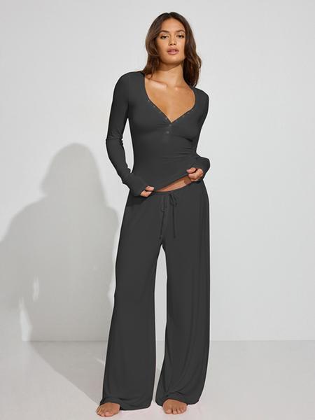 Women's Casual Long Sleeve Button Front Top & Drawstring Wide Leg Pants Set, Spring Summer Comfortable Daily Wear, Basic Style