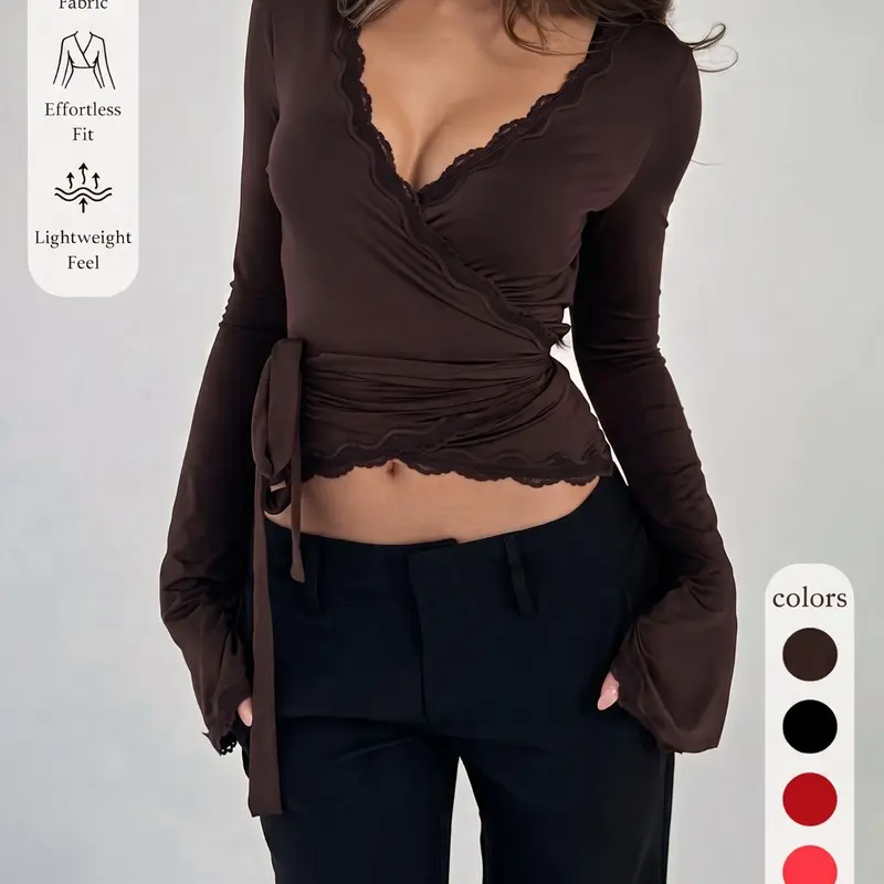 Y2K Balletcore Wrap Crop Top for Women, Lace Mesh Flare Long Sleeve Deep V Cross Over Self Tie Slim Fit Pilates Yoga Daily Going Out Blouse Aesthetic
