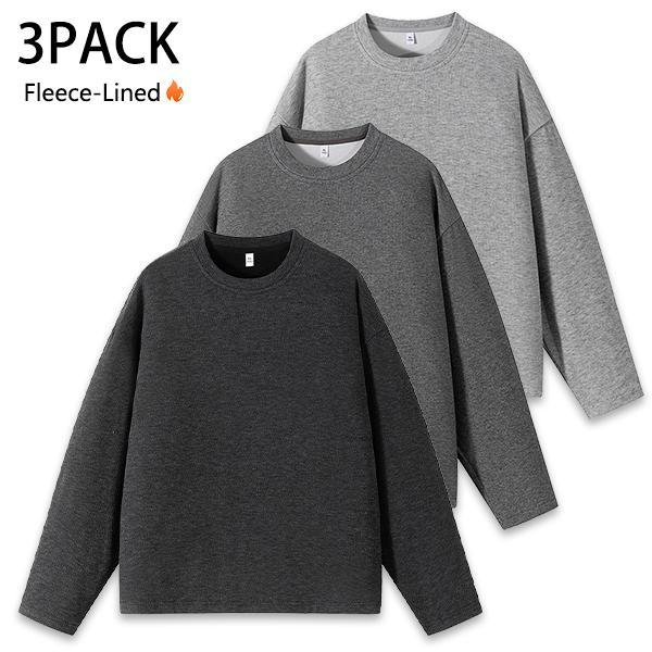 Men’s 3-piece fleece-lined crewneck long-sleeve top set, loose fit, warm, casual base layer