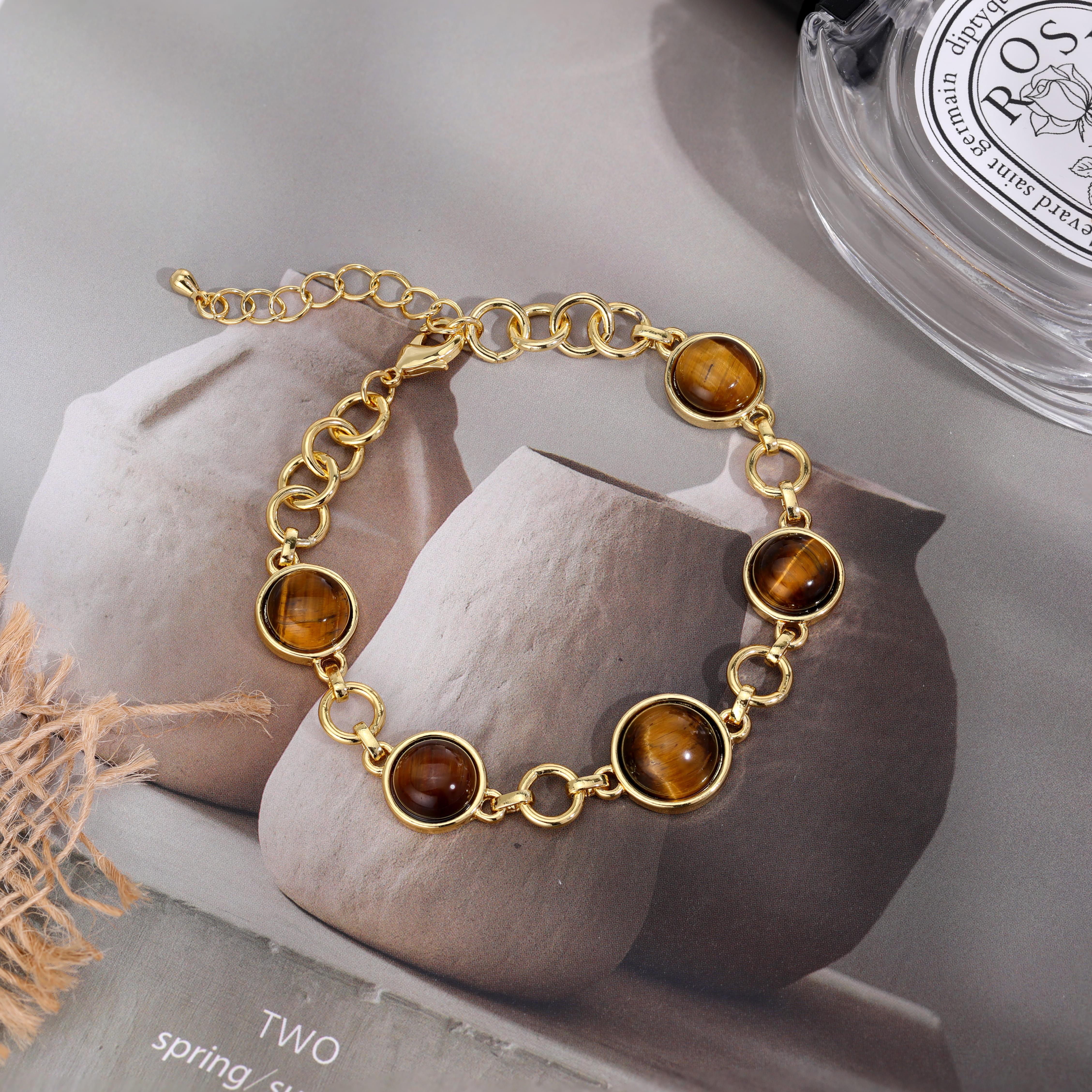 Aprilery Three-Piece Bracelet Set – Classic Cable Knot Cuff, Tiger Eye Round Link Chain, and Textured Toggle Bracelet