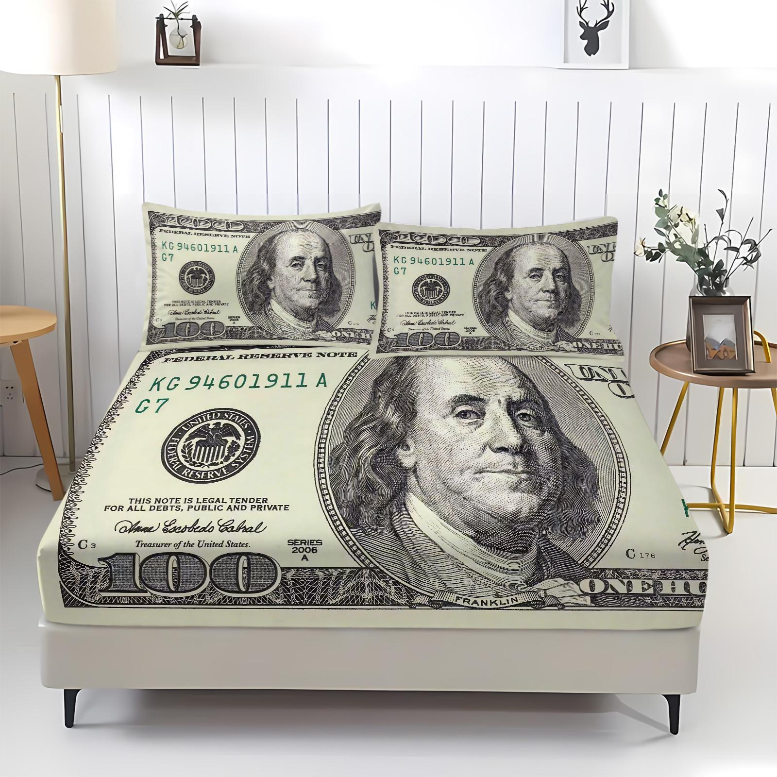 3-Piece Money Patterned Fitted Sheet Set,100 US dollars, Cash, USD Printed Bedding Set, Bed Sheets Set ,Suitable for Those Who Love Money for Bedroom Decoration. The Material Is Soft, Breathable, and Comfortable, Including 1 Fitted Sheet and 2 Pillowcases