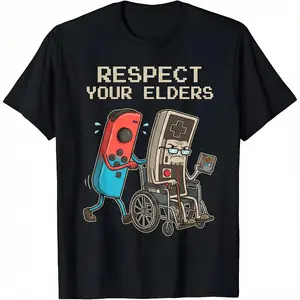Interesting retro gamer pattern T-shirt, soft cotton basic model, nostalgic game machine, old-school game player gift, unique humorous design, unisex, casual and versatile, very design sense