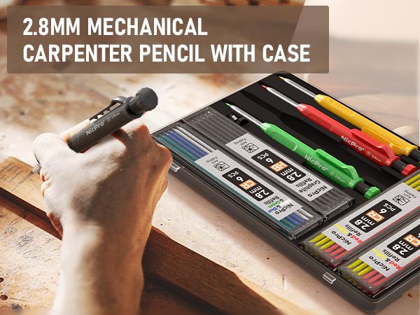 Nicpro 4 Pack 2.8mm Carpenter Pencil with Sharpener, Mechanical Carpenter Pencils with 52 Refills, Construction Pencil Heavy Duty Woodworking Pencils for Architect (Red, Black, Yellow, Blue) Color Marker Set Refillable Ink