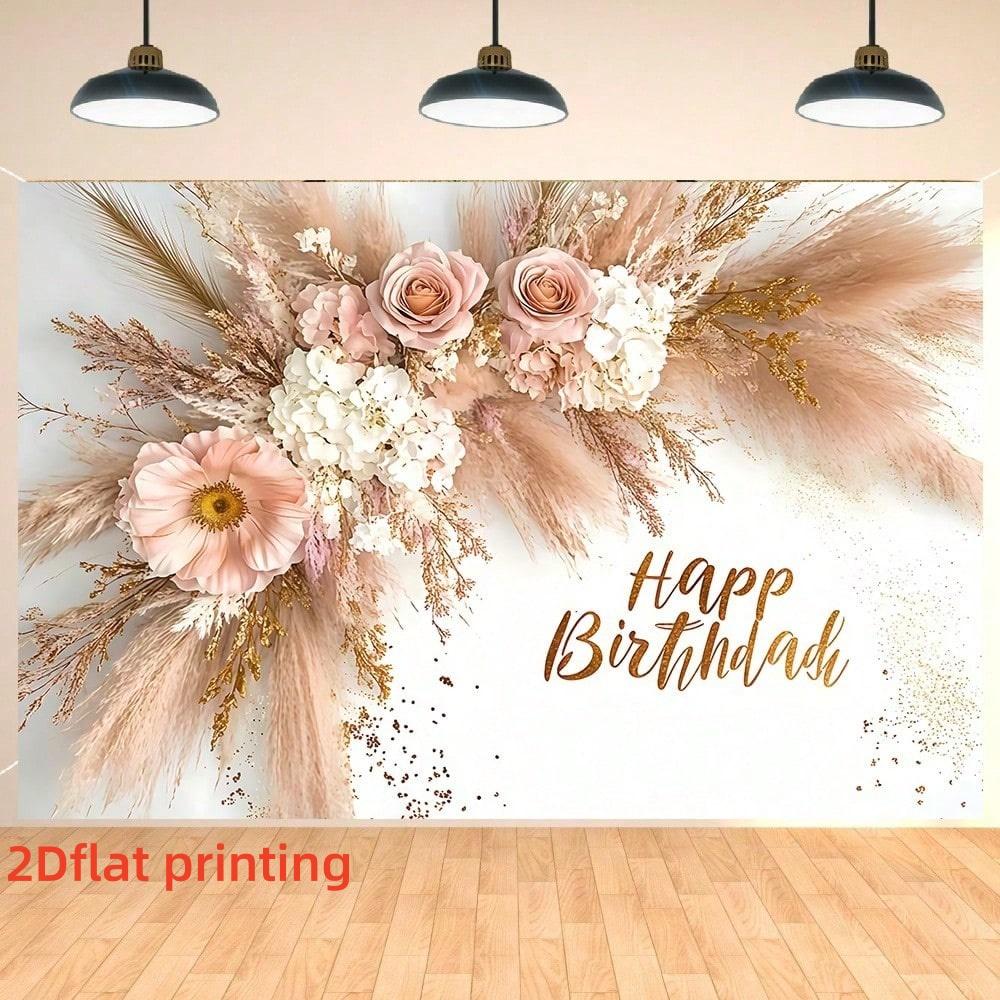 2DFlat1pc Boho Dried Flower Style Happy Birthday Backdrop Banner, With Pink Roses, Pampas Grass and Gold Glitter Elements, Ideal for Boho Birthday Party, Bohemian Themed Celebration, Ins Style Photoshoot Decoration, Can Be Used as Photo Background