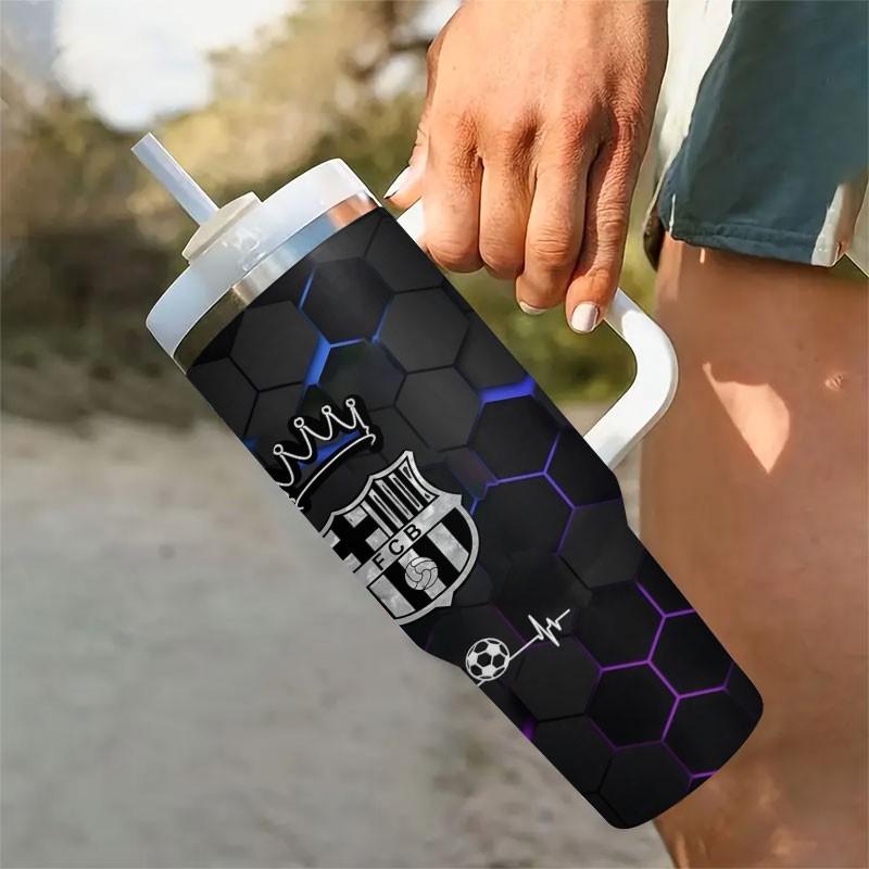 1pc Barcelona Logo Honeycomb Stainless Steel Car Cup, Non-Slip Handle, Large Capacity Water Bottle, Football Theme, 40oz Insulated Cup with Straw