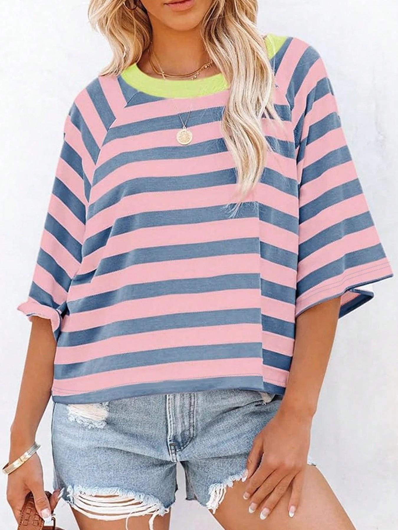 1 Piece Casual Minimalist Striped Pattern Round Neck Short Sleeve Loose Women's T-Shirt, Suitable For Summer, Oversized T Shirt