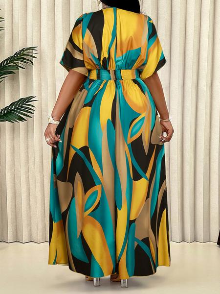 Elegant Sexy Women's Geometric Print Casual Dress Plus Size V Neck High Waist Wrap Dress, Fitted Woven Fabric, All Seasons Fashion