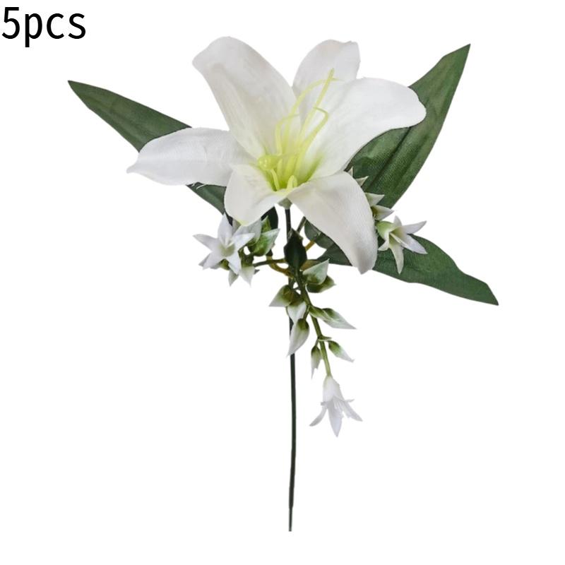 5-Piece Artificial Lily and Star Gazer Bouquet, Plastic Floral Arrangement, Decorative Handheld Flower Bundle, Realistic Fake Flowers