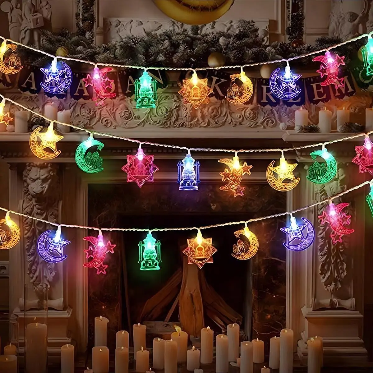 Ramadan LED String Lights Battery Operated Crescent Lantern Star Oil Lamp Decorations for Party Home Living Room Bedroom