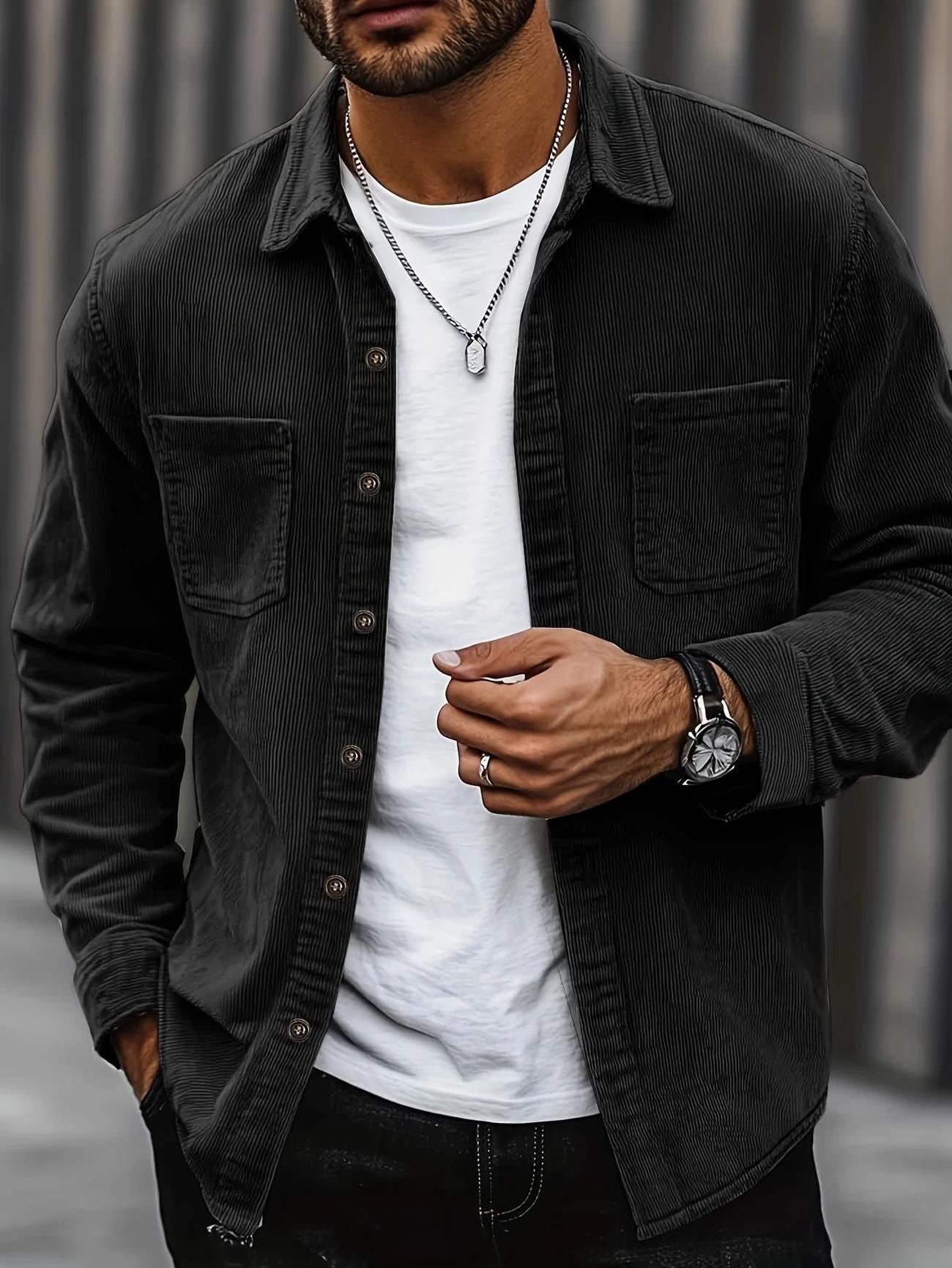 Popular corduroy material men's casual shirt jacket with lapel buttons, long sleeved cardigan, double patch pocket design suitable for daily leisure, fashion, simplicity, commuting, street fashion, spring and autumn long sleeved shirt