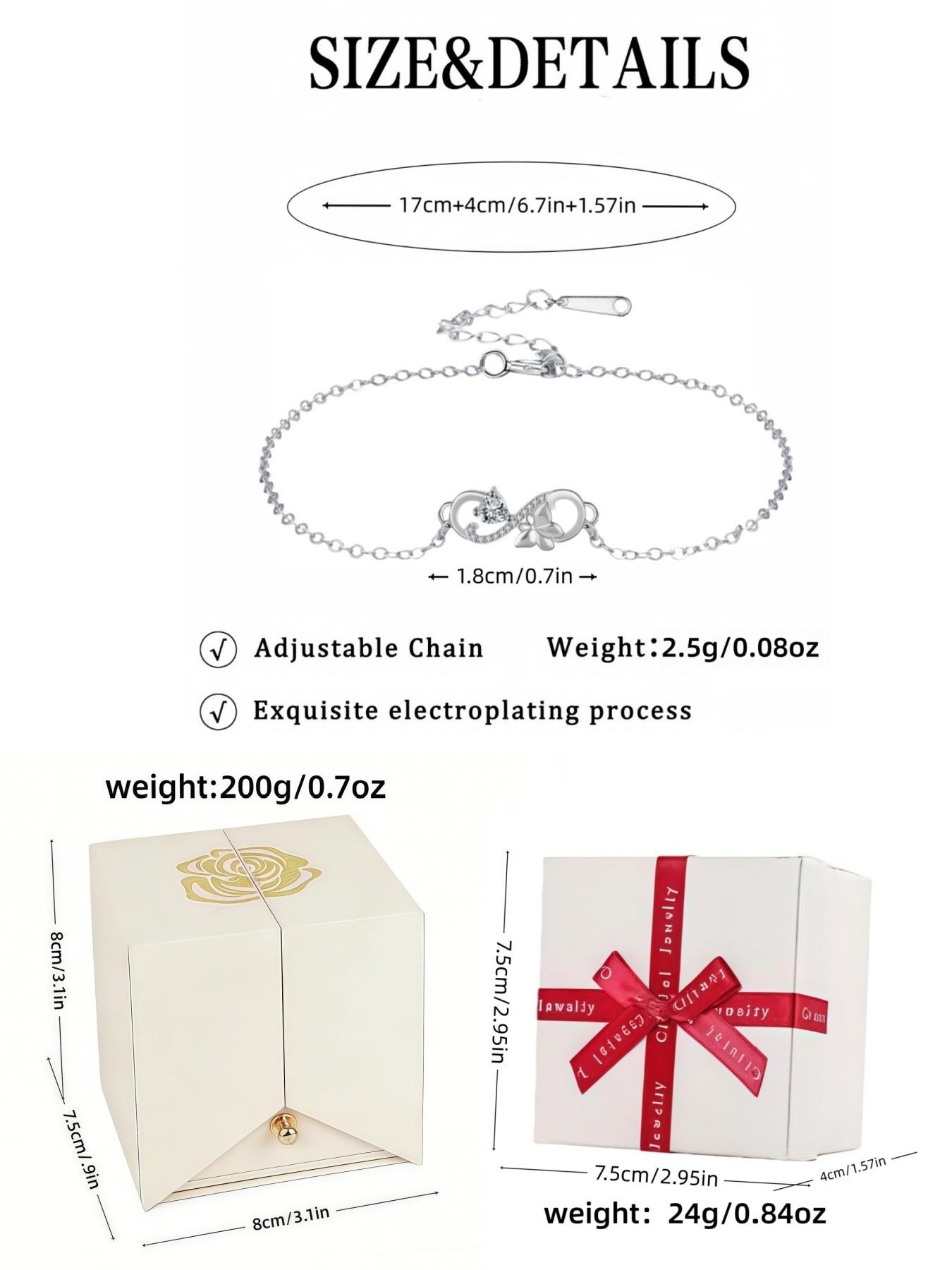 Butterfly Infinity · Diamond Glow Adjustable infinity symbol butterfly gem bracelet, delicate and sparkling.Paired with a surprise double-door preserved rose jewelry gift box.Ideal gift for birthdays, Mother’s Day and Valentine’s Day.