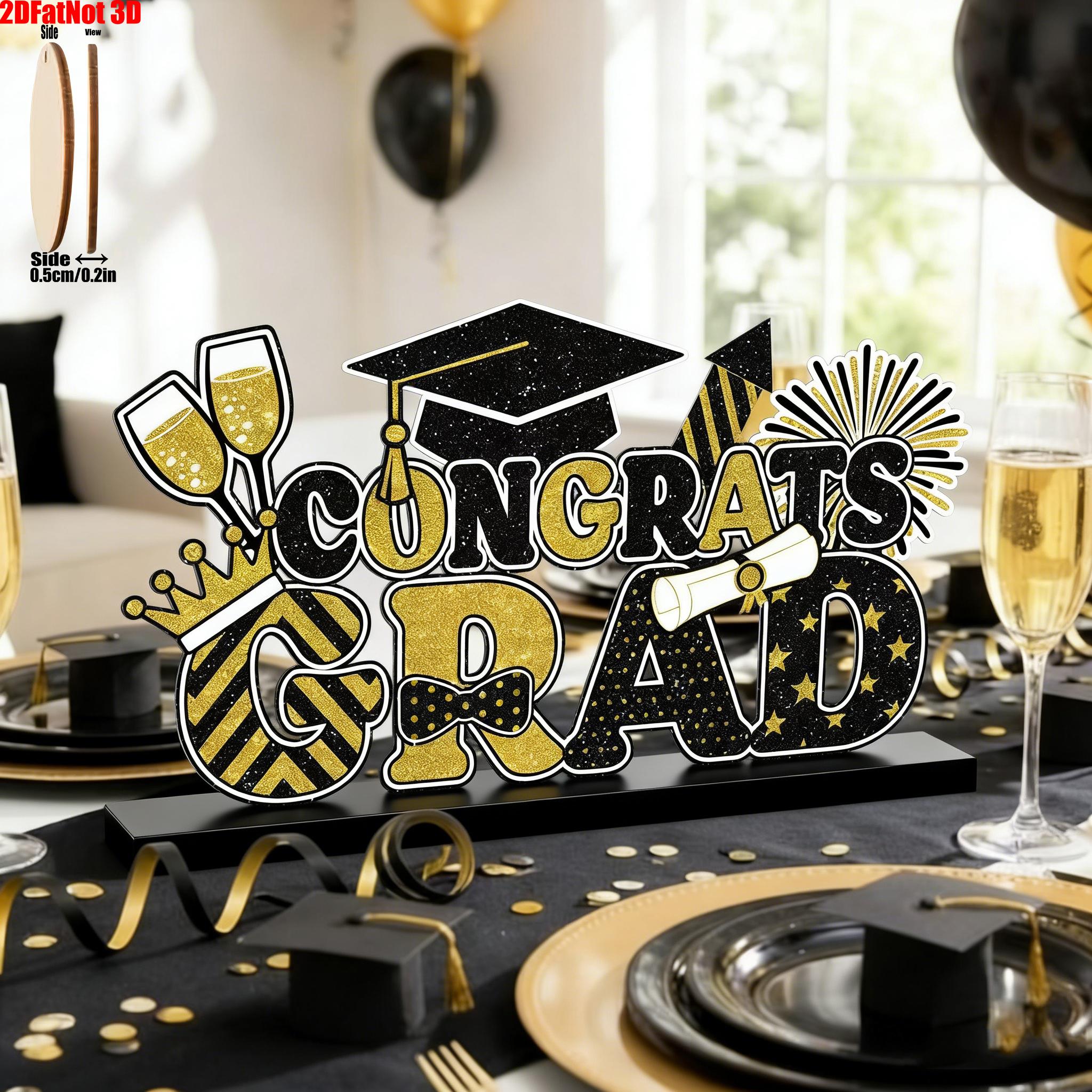2D Graduation Table Sign, and, Wooden Base, Centerpiece Decor, Suitable for Desk, Fireplace, Party Supplies