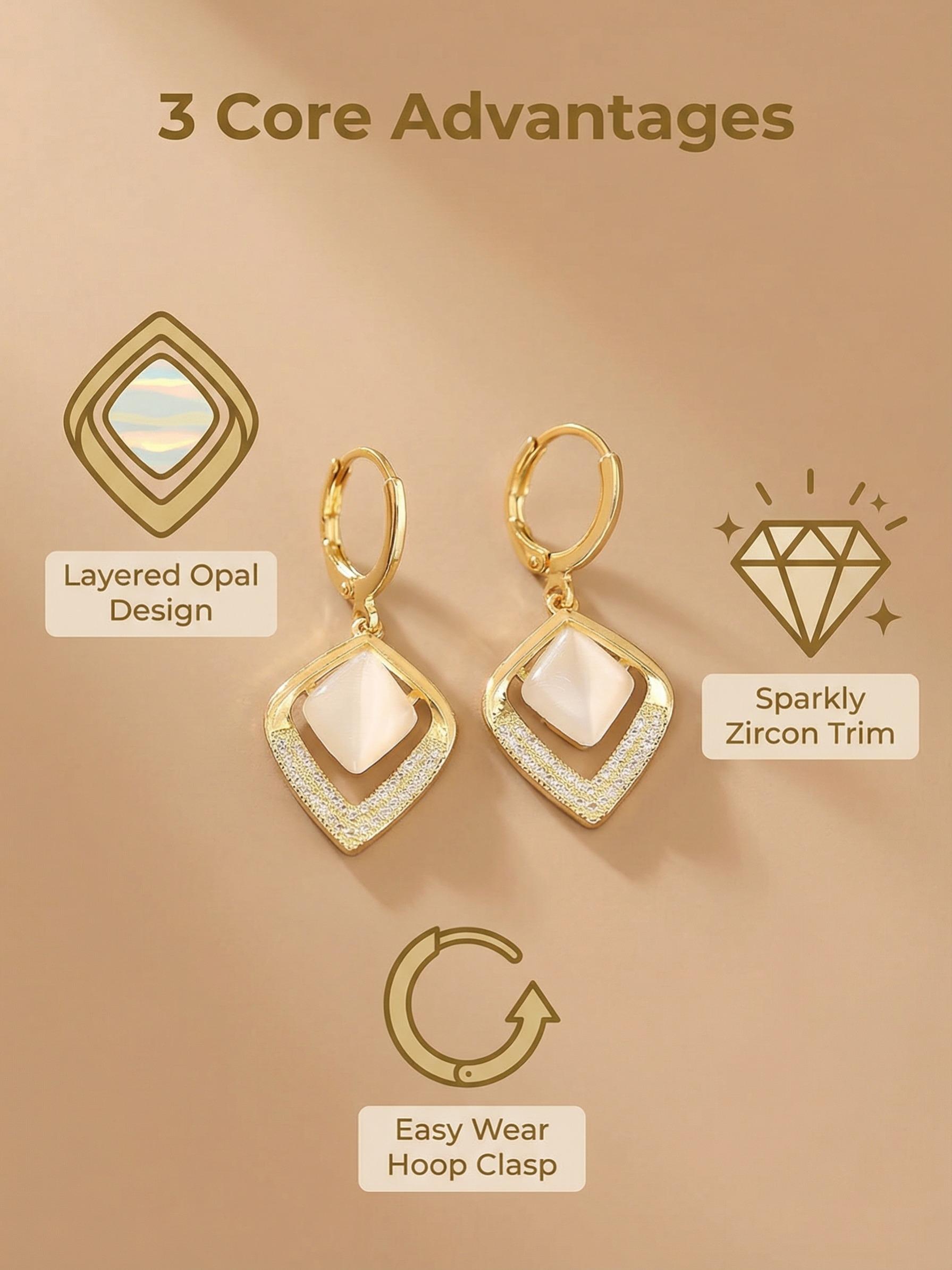 Geometric Rhombus Cat Eye Stone Zircon Earrings, Lightweight Luxury Commuter Jewelry, Versatile Ear Cuffs for All Occasions