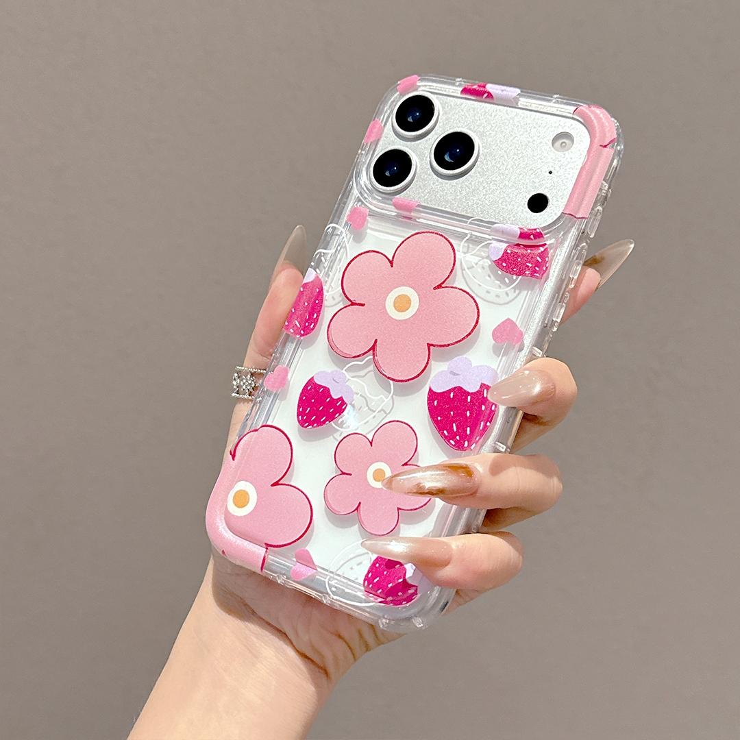 Fashion Strawberry Floral Design Transparent Air Cushion Anti-Drop Protective Phone Case, Compatible with iPhone 17/16/15/14/13 Series