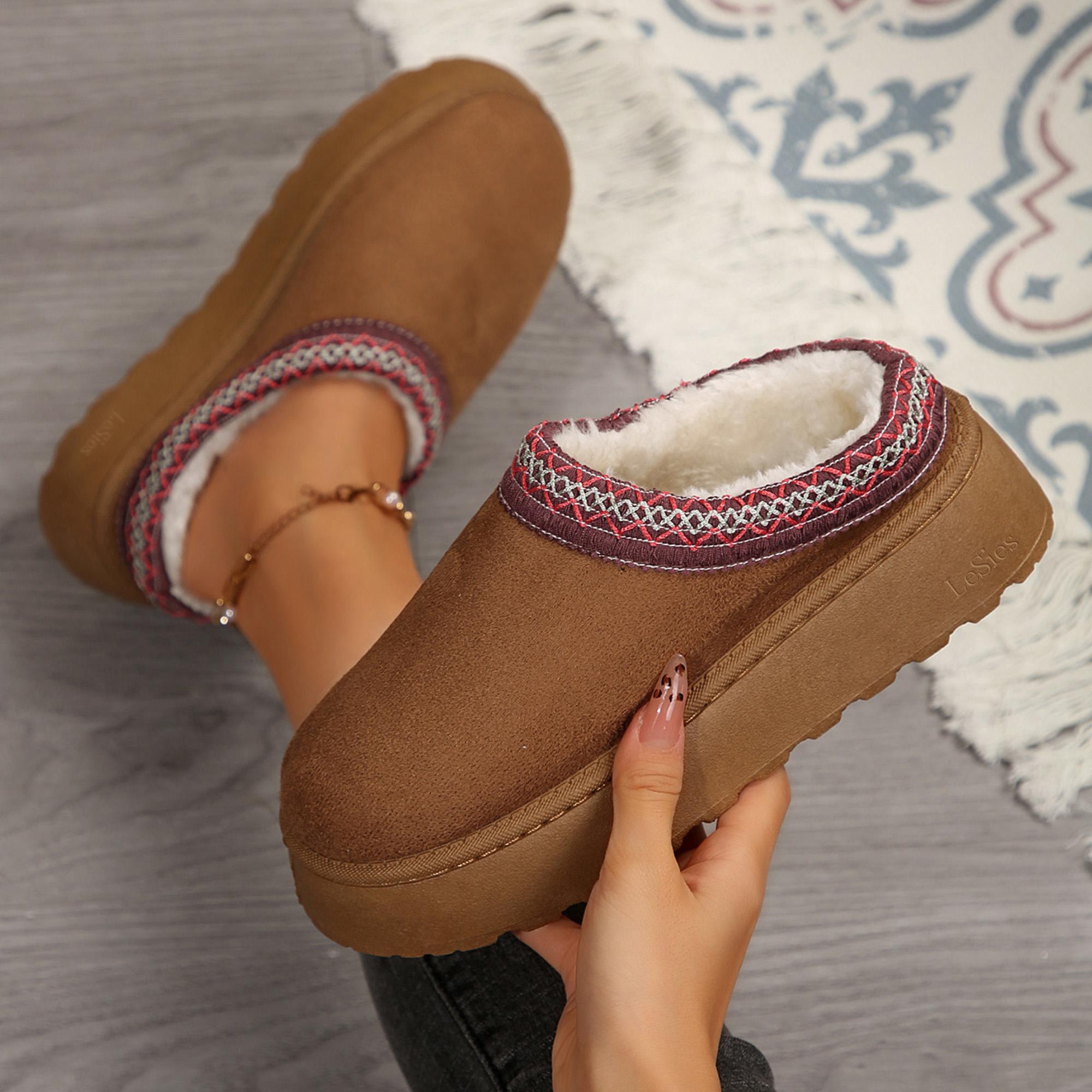 Women's Slippers Platform Short Ankle Boots Women's Suede Leather Cozy Wool Lined Indoor And Outdoor Slippers